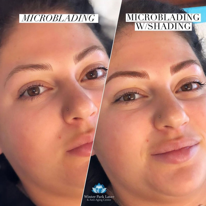 Two images of micoblading and microblading with shading on woman's eyebrows