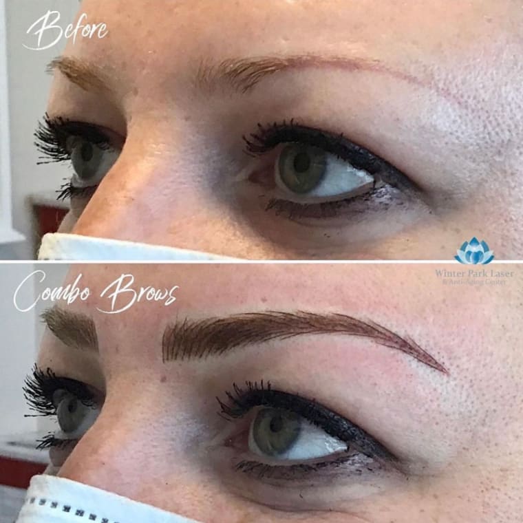 Before and after microblading with shading on woman's eyebrows